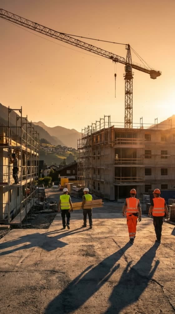 Baustelle im Abendlicht — das Team arbeitet, das Büro ist schon erledigt